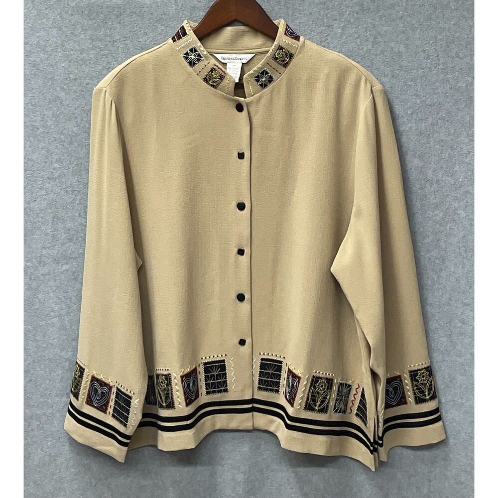 NWT Draper's & Damon's 2X Embroidered Jacket Tan Plus Boho Cottagecore